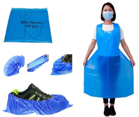 HOT BARGAINS 100 X Disposable Blue Shoe Covers + 100 x Blue Aprons Combo Pack Non Slip & Heavy Duty Waterproof Shoe Covers and Aprons for Cooking, Medical Etc