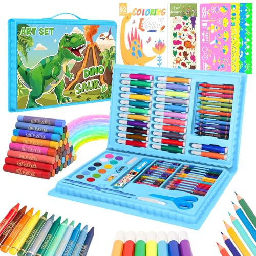 CutteeyFyry Maletin Pintura NiñOs De 3 A 9 AñOs,Dinosaurios Maletin De Pinturas Para Juego,Pasteles Al óLeo, Crayones, LáPices De Colores, Regalos De Dinosaurios Para Juego De 3-9 AñOs