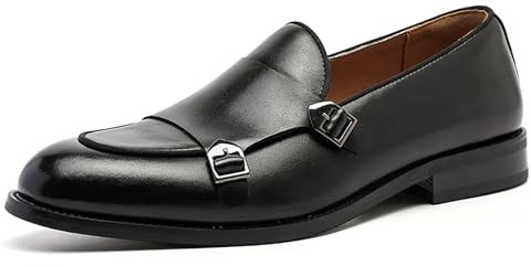 Mocasines de piel auténtica para hombre, estilo británico, con doble hebilla, zapatos casuales de negocios, Black, 42 2/3 EU