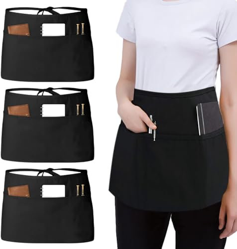 Casenly 3 Stück kellnerschürze, 60x30cm Taillenschürze mit 3 Taschen, Herren Damen Schwarze bistro schürze, Wasserdichte Halbe Schürze für Cafe Küche Restaurant Bar Gärtnern Malen