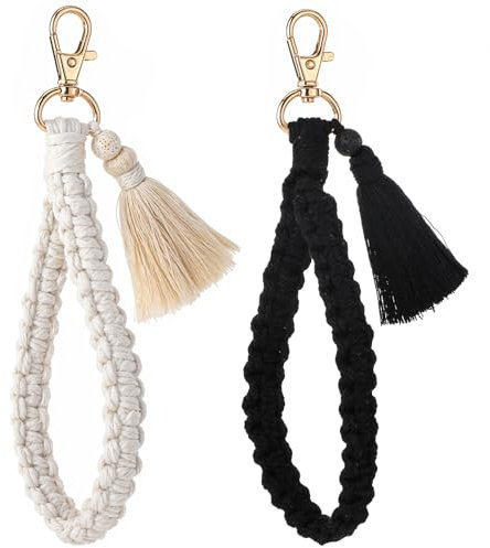 AOZUO 2 Stück Schlüsselanhänger Damen Makramee,Schlüsselband Auto Im Boho Stil,Schlüsselring Geflochten Handgefertigt Armband Quaste Band für Frauen (weiß schwarz)