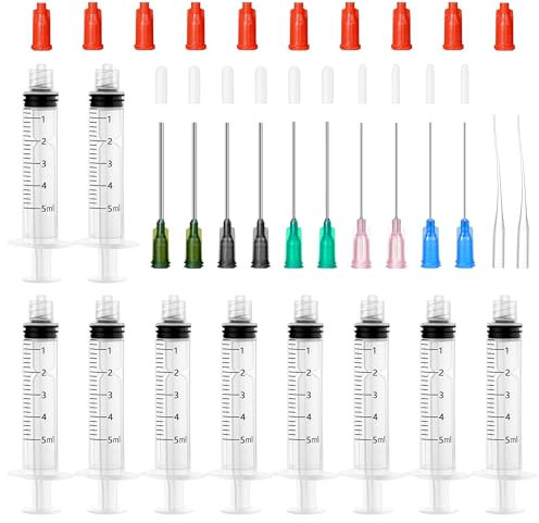 COTOM 10Pcs 5ml Glue Syringe Set with 5ml Syringes, 14g, 16g, 18g, 20g, 22g Blunt Needles, Syringe Caps and Plastic Tubes for Industrial Nursing, Liquid Measurement and Laboratory Use