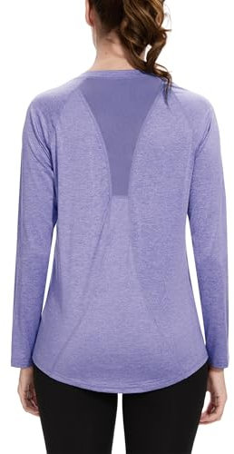 Wayleb Maglietta Sportiva da Donna Scollo a V Magliette a Maniche Lunghe Leggera Sportive Longsleeve T-Shirt Asciugatura Rapida Maglia Palestra Fitness Allenamento Sport Top, Viola L