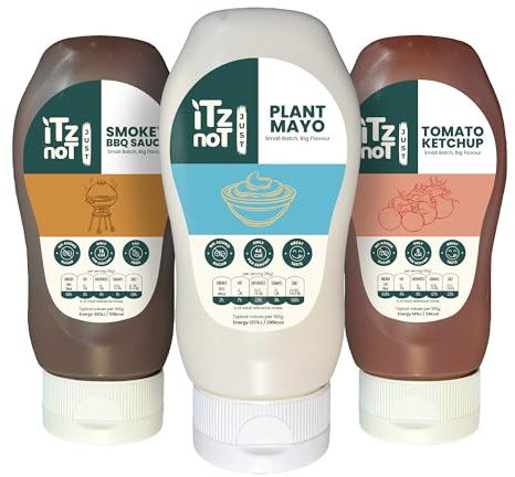 iTz noT jusT Sauce Variety 300ml (Pack of 3) – Smokey BBQ Sauce, Tomato Ketchup & Plant Mayo | No Added Sugar | Low Calorie | Keto Friendly | Vegan Sauce Set for Burgers, Fries & Tofu