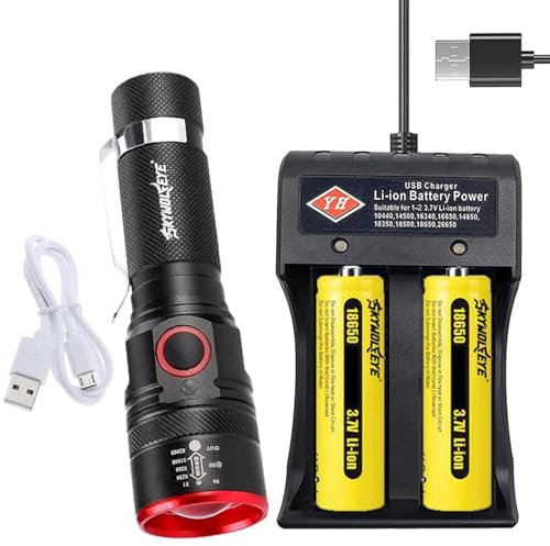 VISVIC 18650 Taschenlampe Mit 2pcs 18650 Batterie 3 Modi, Wasserdicht, Hohe Lumen Zoomable Taschenlampen, Taschengröße. Lange Arbeitszeit Handheald Fackel für Wandern Jagd Home