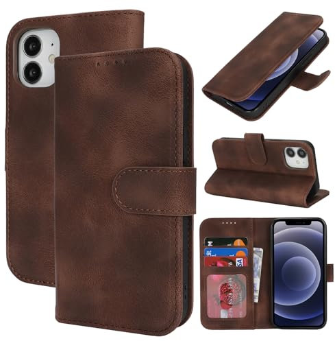 Zouzt Hülle für iPhone 12 Mini 5,4-Zoll, Stoßfestes PU Leder Handyhülle Lederhülle Klapphülle mit Kartenhalter und Standfunktion Flip Leather Wallet Phone Cover (Vintage Dunkelbraun)