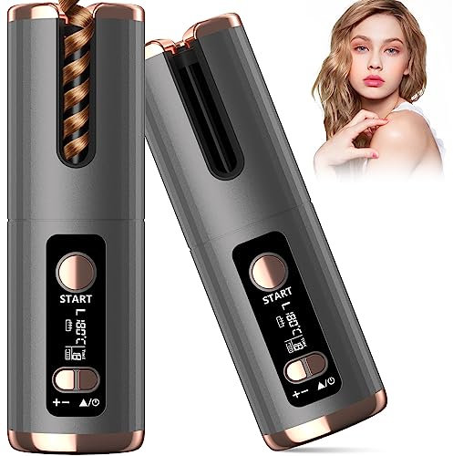 Automatic Hair Curler, Cordless Curling Iron PTC Ceramic Hair Curling Wand Portable USB Rechargeable Anti-Tangle 6 Temperature & Timer 10min Auto Off Perfect for Travel & Home Use