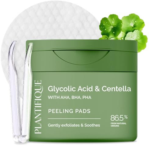 PLANTIFIQUE Korean Peeling Pads 60 Stück, mit Glycolsäure, CICA, AHA, BHA, PHA für Gesichtspeeling und zur sanfte Hauterneuerung - Toner Pads für alle Hauttypen - Nachfüllbarer Behälter mit Pinzette