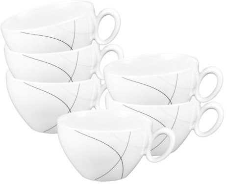 Seltmann Weiden Trio Highline Frühstückstassen 6er Set, 390 ml, Cappuccinotassen mit schwarz-grauen Linien, Spülmaschinen- und Mikrowellenfest, Porzellan, Weiß