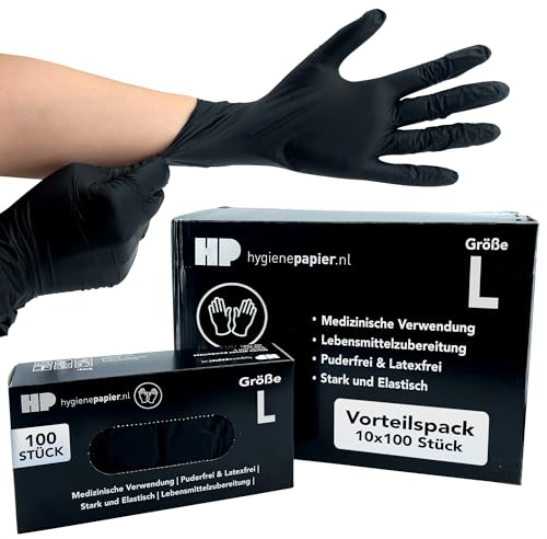 Bové 1000 Nitril Einweghandschuhe - Schwarz - Größe L - Latexfrei & Puderfrei - Für Medizin & Lebensmittel - Reißfest & Elastisch