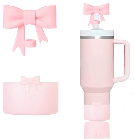 YAYAYOUNG Stanley Cup Accessories Set Including 1Pcs Glitter Siliocne Boots for StanleyCup 40oz & 30oz Tumbler,1 Pcs Bow Straw Covers Cap Toppers for 0.4 in/10mm StanleyStraws(Bling Pink)