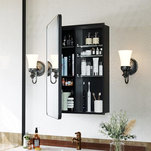 GoTiling Armoire Murale Salle de Bain avec Miroir: 40x60 cm Armoire Pharmacie de Toilette - Meuble Mural de Rangement avec Étagères Réglables - Cadre Noir Mat