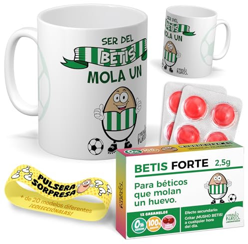 Kit regalo personalizado para aficionados del betis | Taza Ser del Betis mola un huevo + Caramelos divertidos + Pulsera sorpresa | Regalo futbol, divertido y original para cumpleaños, navidad.