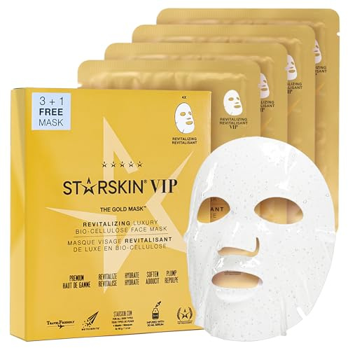 STARSKIN VIP Gold Mask Face, Coconut Bio-Cellulose Revitalizing Face Mask for all Skin Types, Korean Skin Care, Instant Hydration and Plump, Moisturizing and Nourishing, K-Beauty (Pack of 4)