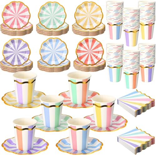 Yungyan 108 Pcs Tea Party Supplies Candyland Disposable 6 Inch Plates and Napkins 9 oz Paper Tea Cups with Handle Disposable Tableware Set for Garden Birthday Baby Shower Party Wedding Decoration