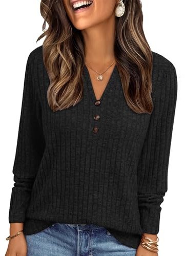 Famulily Womens Dressy Tunic Tops V Neck Knit Sweatshitrs Loose Fit Button Detail Lightweight Long Jumpers Black M