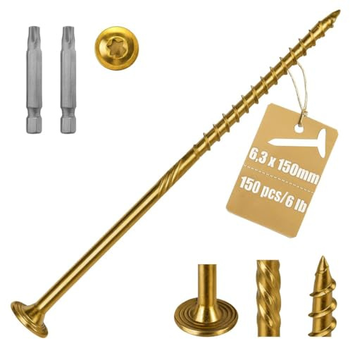 150 Stück Tellerkopfschrauben 6,3x150mm Torx T30, Verzinkt | Robuste Holzschrauben für Holzbau und Spanplatten, Rostbeständig Verzinkt mit Passendem T30 Bit für Einfache Montage