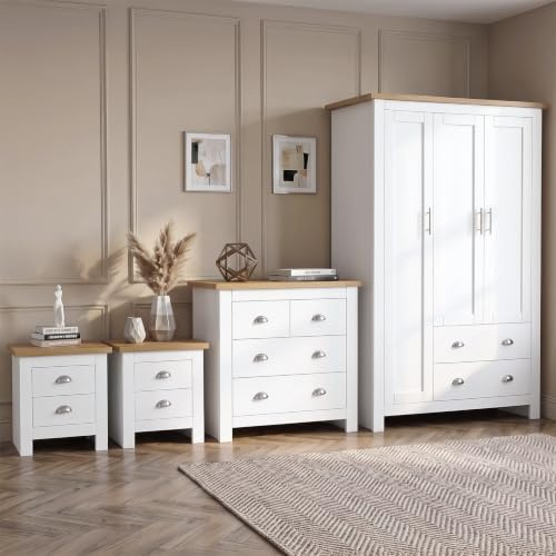 Blisswood 4 Piece Bedroom Furniture Set, 3 Door Wardrobe, 2+2 Drawer Chest of Drawers, 2 Drawer 2 Bedside Tables, Modern Shaker Style Bedroom Wardrobe Set with Oak Top, White Bedroom Storage Furniture