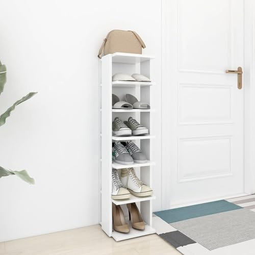 ATOMSTACK MAKER Zapatero blanco con 6 compartimentos de madera (27,5 x 27 x 102 cm), ahorra espacio debajo de las escaleras o en el pasillo, incluye soporte de pared
