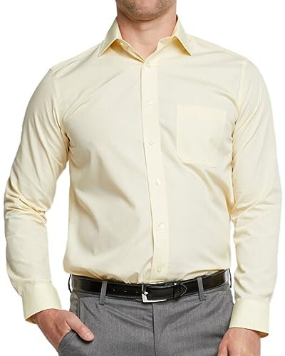 Double TWO Men's Long Sleeve Plain Formal Shirt Non Iron Classic Fit Business Dress Shirt - Lemon, 23in Collar