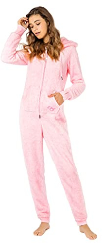 Eight 2 Nine Damen Teddyfleece Jumpsuit mit Kapuze und Öhrchen, Flauschiger Overall mit Daumenlöchern, kuschelig bequemer One-Piece für entspannte Stunden, schwarz, grau, rosa XS-XL Rose L/XL
