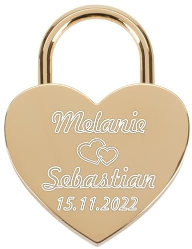 Liebesschloss mit Gravur und Schlüssel - Herzschloss Vorhängeschloss personalisiert mit Wunschtext - Pärchen Geschenke für Frauen - Jahrestag Geschenk für Sie - Partner Geschenke für Ihn (Gold)