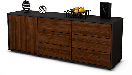 Stil.Zeit TV Schrank Lowboard Amedea, Korpus anthrazit matt, Front Holz Design Walnuss (135x49x35cm), Push to Open Technik & Leichtlaufschienen