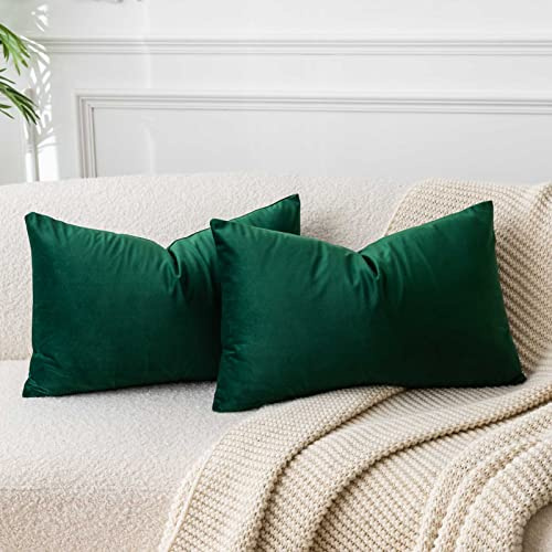 12x20 Lumbar Throw Pillow Covers Set of 2 for Couch Bed Sofa,Dark Green | Soft Solid Decorative Pillow Covers,for Couch Sofa Bed Chair Living Room Bedroom,Luxury Modern Home Decor,Invisible Zipper