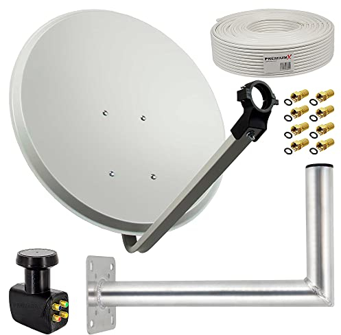 Premium X Satelliten-Komplettanlage 80cm Satellitenschüssel Aluminium Quad LNB Kabel 50m Wandhalter 45cm, SAT bis 4 Teilnehmer