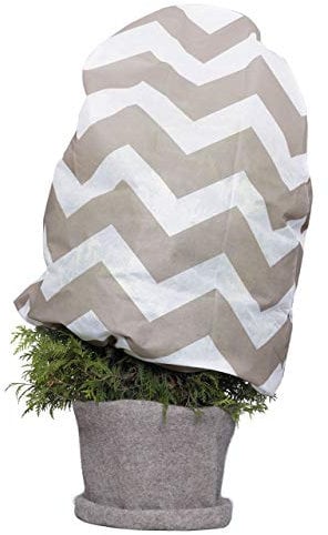 AFP Winterschutz Vlieshaube Zick-Zack grau/weiß, 110 x 110cm, 50g/qm Kübelpflanzensack Gartenvlies atmungsaktiv/Frostschutz Pflanzen/Gartendeko/Kordel / 2 Jutesäckchen gratis