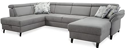 Cavadore Wohnlandschaft Ammerland mit Federkern, Schlafsofa mit Bettfunktion und Bettkasten, inkl. Kopfteilverstellung, 317 x 84 x 193, lederoptik hellgrau