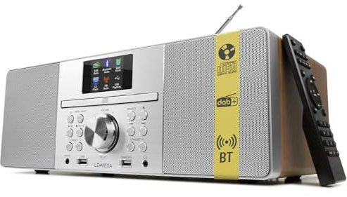 LEMEGA MSY1P CD Player with DAB/DAB+ & FM Radio, Bluetooth Streaming, 80W Stereo HiFi System, Full Colour Display, 60 Presets, Remote Control, Acoustic Wooden Cabinet,Walnut