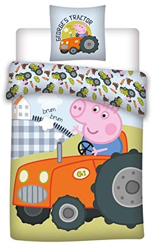 036 Bettwäsche, Peppa Pig Georges Traktor, wendbare Bettwäsche, Kissenbezug 40 x 60 cm + Bettbezug 100 x 135 cm, 100% Baumwolle X