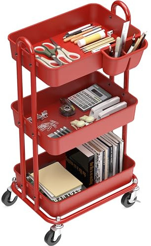Simple Houseware Multifunktionaler Rollwagen mit 3 Ebenen, mit Aufhängeeimer, Rot