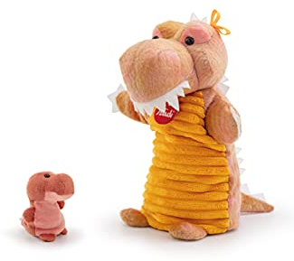 Trudi Puppets TUDG4000 Handpuppe Dinosaurier mit Baby ca. 25cm (Größe S), Stofftier aus hochwertigen Materialien, liebevolle Details, sehr flauschig, waschbar, Kuscheltier und Puppe für Kinder, Orange