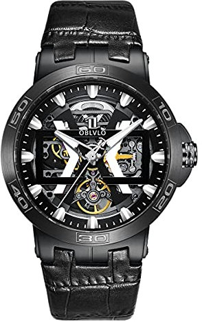 OBLVLO Automatikuhren Uhren mit Skeleton Dial Lederband Big Watch UM (UM-BBB)