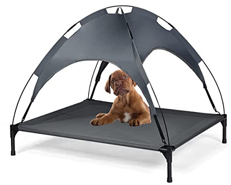 GYMAX Lit de Camp pour Chien, Transat de Jardin pour Chien avec Auvent 90x80x84CM, Charge 40KG, Convient au Extérieur, Camping, Plage, Jardin, Terrasse, Balcon(L)