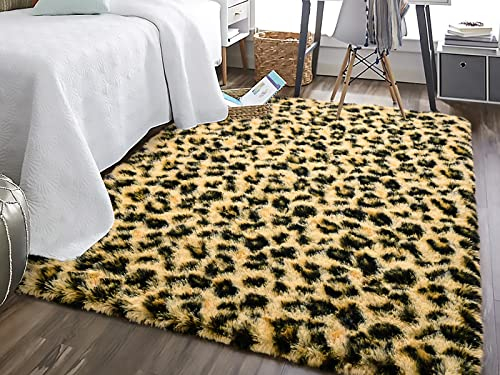 HOMORE Premium Leopard Flauschige Teppiche, Leopardenmuster Teppich für Wohnzimmer Schlafzimmer, weicher Geparden-Druck, Teppich für Kinderzimmer, 90x150 cm, Schwarz und Khaki