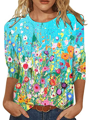 Cocila Tops for Women UK Casual Floral Three Quarter Sleeve Round Neck Tee Shirt Fashion Printed Flower Loose Side Split Blouse Tunic Summer Long Sleeve T Shirts Women