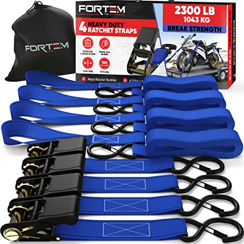 FORTEM Set de Correas de Amarre con Tensor de Trinquete, 1043 kg al Rompimiento, 4 Ganchos de Acero Plastificado, 4 Correas de 4.5m, 4 Hebillas (Azul)