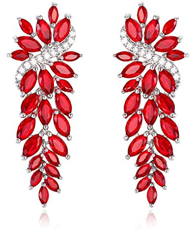 Pendientes de Mujer-Clearine Colgantes Largos de Circonita Cúbica para Novia Estilo Marquesa,Color Rojo Plata-Tono