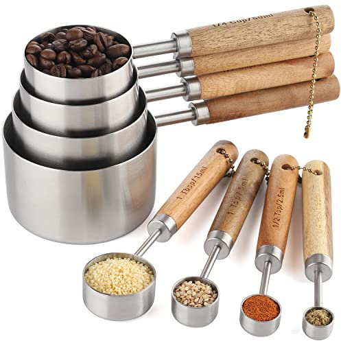 Measuring Cups and Spoons Set Stainless Steel Measuring Cups and Spoons with Wood Handle for Dry and Liquid Ingredients