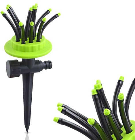 FISHTEC - Mehrrichtungs-Gartenbewässerungskopf zum Pflanzen mit 12 individuell verstellbaren Rohren für Bewässerung von Pflanzen, Gemüsegarten und Rasen - Zum Pflanzen, Farbe grün und schwarz