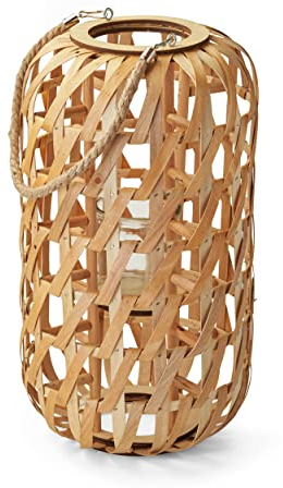 AMARE Holz Laterne Woody, mit Glaszylinder für eine Kerze und Griff aus Seil, 26x26x48 cm, holzfarben