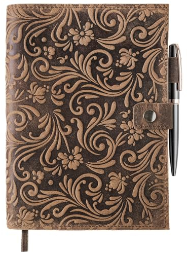 moonster Leder-Tagebücher für Frauen zum Schreiben – Blumen-Tagebuch, nachfüllbares Ledergebundenes Tagebuch – Vintage-Leder-Notizbuch, Tagebuch, 320 linierte Seiten, A5 mit metallischem Grau- und