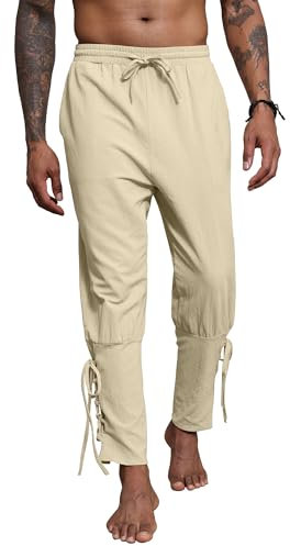 YAOBAOLE Mitteralterhose Herren Lang Wikinger Hose Herren Mittelalter Mitteralter mit Elastischer Taille und Taschen Khaki M