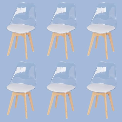 JIJIAN Juego de 6 Sillas de Comedor, Respaldo de TPE Transparente, Patas de Madera de Haya, Acolchado de Cuero PU, Estilo Nórdico Apto para Comedor, Cocina, Salón, Oficina, Cafetería.