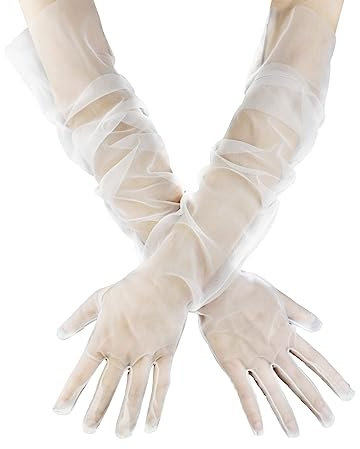 Feelorna Women's Long Tulle Gloves, Sheer Wedding Bridal Gloves Mesh Elbow Length Opera Party Glove for Wedding Evening Party Halloween Costume (White)