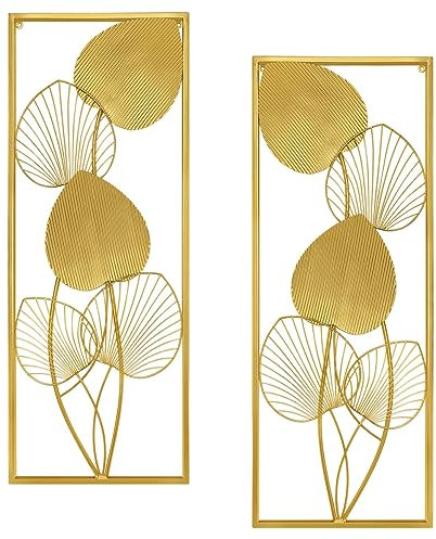 FongYeueWY Golden Metal Art Wall Sculptures 32 X 12 Ruffled Fan Palm Leaf Wall Home Decors Modern Wall Hanging Sculptures with Frame for Kitchen Bedroom Living Room Home Office (Set of 2)