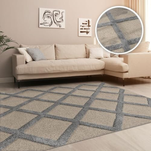 TT Home Wohnzimmer Teppich Hochflor Langflor Schlafzimmer Boho Design 3D Design Skandi Design Modern Unifarben, Farbe:Dunkelcreme Grau, Größe:160x220 cm